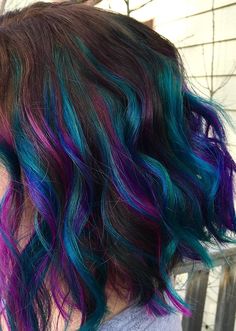 Galaxy Highlights, Teal Balayage, Women Hair Cuts, Teal Eyeshadow, Purple Hair Highlights, Pink Purple Hair, Highlight Ideas, Galaxy Hair, Teal Hair