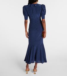 Polka-dot bow-detail silk midi dress in blue - Alessandra Rich | Mytheresa Fitted Silk Mid-length Dress, Fitted Mid-length Silk Dress, Blue Viscose Midi Dress For Evening, Silk Midi Dress For Casual Occasions, Blue Silk Midi Dress For Daywear, Silk Midi Dress With Ruffles For Daywear, Silk Midi Dress For Daywear, Silk Midi-length Dress For Daywear, Chic Fitted Silk Crepe Midi Dress