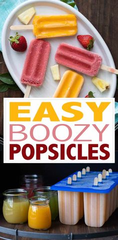 easy boozy popsicles on a white plate with strawberries and pineapples