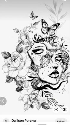 a drawing of a woman's face surrounded by flowers and butterflies