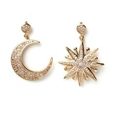 Youll be celestial chic in these CZ Star & Moon Earrings! Playing up on the trend of mismatched earrings, we created a crescent moon and starburst shaped pair of drop earrings with encrusted cubic zirconia stones to really give them the out of this galaxy feel! Size: one size.  Color: Gold.  Gender: female.  Age Group: adult. Gold Heart Stud Earrings, Moon Earring, Gold Tassel Earrings, Fantasy Earrings, Diamond Earrings For Women, Gold Heart Studs, Punk Earrings, Mismatched Earrings, Celestial Jewelry