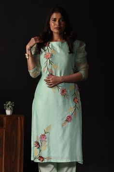 Turquoise 3D floral applique kurta with leaf embroidery. Paired with a coordinating pant. - Aza Fashions Pista Green Palazzo Set With Floral Embroidery For Spring, Pista Green Floral Embroidery Palazzo Set For Spring, Pista Green Floral Embroidered Palazzo Set For Spring, Fitted Pista Green Palazzo Set With Floral Embroidery, Spring Salwar Kameez With Floral Embroidery In Raw Silk, Spring Salwar Kameez In Raw Silk With Floral Embroidery, Dori Work Salwar Kameez For Spring, Floral Embroidered Raw Silk Salwar Kameez For Spring, Spring Floral Embroidered Raw Silk Salwar Kameez