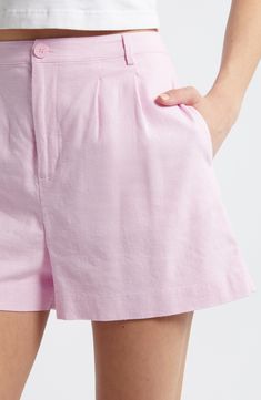 Crisp pleats add structure to these breezy trouser-shorts cut from a lightweight and airy linen blend. 2 1/2" inseam; 26" leg opening; 14" front rise; 15" back rise (size Medium) Zip fly with button closure Side-seam pockets Lined 53% linen, 44% rayon, 3% spandex Machine wash, tumble dry Imported Trouser Shorts, Short Cuts, Linen Blend, High Waist, Size 12, Trousers, Nordstrom, High Waisted, Size Medium