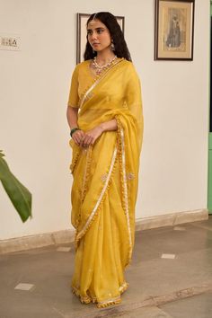 Yellow sheer woven textured saree with marori embroidered butti patterns and pleated lace border. Comes with blouse. - Aza Fashions Blouse For Women, Lace Border, Saree With Blouse, Embroidered Silk, Aza Fashion, Blouses For Women, Types Of Sleeves, Saree, V Neck