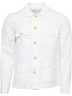 white linen/flax classic collar front button fastening long sleeves buttoned cuffs three front patch pockets chest flap pocket straight hem This item contains at least 50% materials which are certified or widely recognised as having a lower environmental impact through production and/or manufacturing processes that reduce water consumption and the use of harmful chemicals, or re-use by-products of the production process. Learn more about what makes a product Conscious on our Conscious Criteria page Unstructured Linen Button-up Outerwear, White Linen Outerwear With Pockets, Casual White Outerwear With Spread Collar, Single-breasted Linen Button-up Top, White Linen Shirt With Button Cuffs, White Single Breasted Relaxed Fit Outerwear, Linen Outerwear With Spread Collar And Pockets, Linen Outerwear With Pockets And Spread Collar, White Linen Outerwear