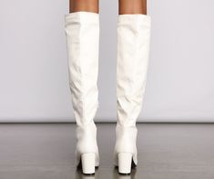 Trendy White Knee-high Heeled Boots, Trendy White Wide Calf Knee-high Boots, White Knee-high Boots For Fall, White Wide Calf Knee-high Boots For Fall, Trendy White Knee-high Boots, Trendy White Pointed Toe Knee-high Boots, White Faux Leather Knee-high Boots For Fall, White Faux Leather Knee-high Boots For Spring, White Knee-high Boots For Work