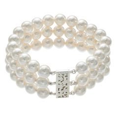 Three rows of near-round freshwater cultured pearls give this sterling silver bracelet timeless appeal. Click on this JEWELRY & WATCHES GUIDE to learn about fit, styles, materials and more!BRACELET DETAILS Length: 7.5 in. Clasp: safety Metal: sterling silver Plating: rhodium Packaging: boxed CULTURED PEARL DETAILS Type: freshwater Shape: near-round Size: 6-7 mm Color: white Gemstones may have been treated to enhance their appearance. Special care may be required. Please visit our Gemstone Treatm Elegant Sterling Silver Oyster Bracelet For Formal Occasions, Timeless Silver Pearl Bracelets, Elegant Sterling Silver Bracelet With Round Beads For Anniversary, Elegant Round Beads Sterling Silver Bracelet For Anniversary, Timeless Silver Pearl Bracelet For Formal Occasions, Timeless Silver Beaded Bracelets For Formal Events, Timeless Silver Beaded Bracelets For Formal Occasions, Elegant Silver Beaded Bracelets For Formal Occasions, Elegant White Sterling Silver Jubilee Bracelet