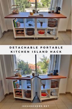 the kitchen island is made out of an old cabinet and has been turned into a table