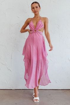 Shop the Samia Cut-Out Halterneck Midi Dress Pink | Selfie Leslie Summer V-neck Midi Dress With Cutout, Summer Midi Dress With Cut-out Waist, Fitted Midi-length Backless Dress With Tie Back, Spring Vacation Maxi Dress With Cut-out Waist, Maxi Length Tie Back Dress For Night Out, Chic Backless Summer Midi Dress, Chic Summer Backless Midi Dress, Tie-back Midi Dress For Night Out, Chic Backless Halter Dress For Brunch