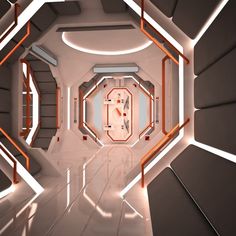 a futuristic looking room with a clock on the wall