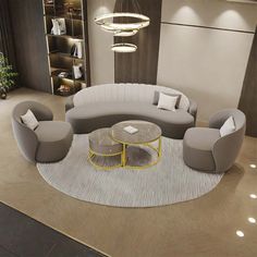 a living room filled with furniture and a round table on top of a white rug