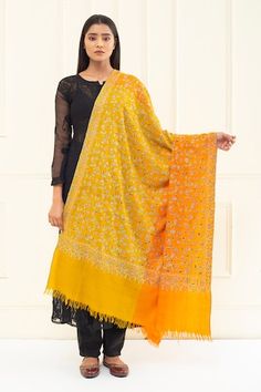 Orange and yellow colourblock pashmina shawl featuring checkered base with multicoloured thread embroidered floral jaal motifs. - Aza Fashions Multicolor Pashmina Shawl For Diwali, Multicolor Pashmina Traditional Wear With Dupatta, Multicolor Pashmina Traditional Wear For Eid, Anarkali Style Pashmina Dupatta, Festive Pashmina Dupatta With Cutdana, Traditional Drape Pashmina Shawl With Cutdana, Handloom Shawl With Traditional Drape For Eid, Pashmina Scarves With Chikankari Embroidery, Pashmina Scarf With Chikankari Embroidery