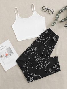 Free Returns ✓ Free Shipping✓. Solid Cami Top & Figure Graphic Pants PJ Set- Women Pajama Sets at SHEIN. Graphic Pants, Teen Stuff, Cozy Clothes, Extra Outfits, Graphic Pant, Home Wear Women Casual, Cute Pjs, Embroidery Hearts, Cute Clothing