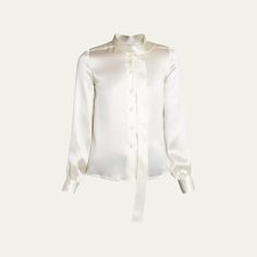 TOM FORD lavalliere blouse with a scarf neck High neckline; button front Long sleeves; button cuffs Back yoke Relaxed fit Silk/mother-of-pearl Made in Italy Scarf Neck, Neck Scarves, High Neckline, Silk Blouse, Tom Ford, Womens Clothing Tops, Mother Of Pearl, Tops Designs, In Italy