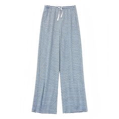 dark-navy-blue-and-white-striped-seersucker-pinstripe-print-patterned-cotton-linen-mid-low-rise-waisted-draw-string-tie-fitted-waist-straight-wide-leg-loose-oversized-trouser-pants-joggers-sweatpants-with-pockets-comfortable-cozy-women-ladies-chic-trendy-spring-2024-summer-elegant-casual-feminine-lounge-european-vacation-beach-wear-coastal-granddaughter-zara-revolve-aritzia-brandy-melville-pacsun Striped Pajama Pants, Striped Linen Pants, Khaki Blazer, Casual Outfit Inspiration, Pants Details, Pants With Pockets, Striped Linen, Navy Women, Scrunchie Hairstyles