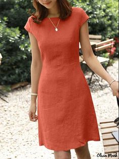 Olivia Mark - Round-Collared, Pure-Colored Cotton and Linen Dress with Hollowed-Out Back Elegant Summer Dresses, Jersey Pattern, Loose Midi Dress, Sundress Summer, Dress Sleeve Styles, Cotton Linen Dresses, Short Sleeve Maxi Dresses, Women Long Sleeve Dress, Round Neck Dresses