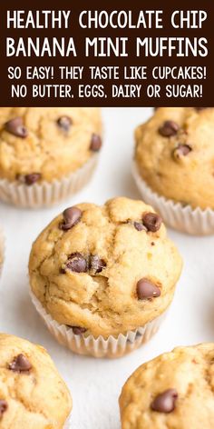 healthy chocolate chip banana mini muffins so easy they taste like cupcakes no butter, eggs, dairy or sugar