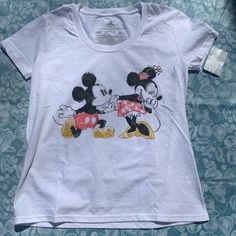 Super Cute Scoop Neck Mickey And Minnie T-Shirt White Mickey Mouse Crew Neck T-shirt, White Mickey Mouse T-shirt, Mickey Mouse Crew Neck T-shirt For Spring, Spring Mickey Mouse Crew Neck T-shirt, Summer Minnie Mouse Short Sleeve T-shirt, Minnie Mouse Cotton T-shirt, Casual Mickey Mouse T-shirt For Spring, Cotton Minnie Mouse T-shirt With Short Sleeves, Spring Mickey Mouse Short Sleeve Top