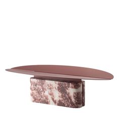 an oval shaped table with a marble base and brown top, against a white background