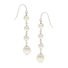 Complement her formal evening wear with the stunning good looks of these pearl drop earrings. Crafted in sterling silver, each luminous dangle features an 8.0-9.0mm baroque-shaped cultured freshwater pearl suspended beneath a chain length decorated with three lustrous 5.0-6.0mm potato-shaped cultured freshwater pearls. Beautifully finished and ready to wear, these earrings secure with French wire backs. Elegant White Drop Pearl Earrings, Elegant Pearl White Pearl Drop Earrings, Elegant Pearl Drop Dangle Jewelry, Elegant Pearl White Earrings With Pearl Drop, Elegant Dangle Pearl Drop Jewelry, Elegant Long Drop Pearl Earrings As Gift, Elegant Long Drop Pearl Earrings For Gift, Formal Pearl White Drop Jewelry, Classic Long Drop Pearl Earrings For Formal Occasions