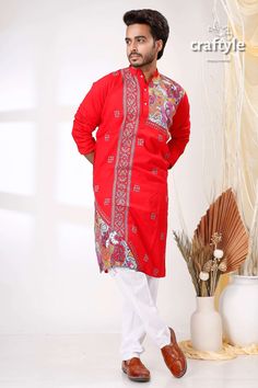 Presenting an exclusive Men's Kurta with hand embroidered kantha work. The unique multi-thread kantha embroidery design is entirely handcrafted on pure cotton panjabi by our skilled artisans. This beautiful Indian attire is suitable for any occasions and it will give you elegant ethnic look with ultimate comfort. Sleeve Length : Long Sleeves Design : Kantha Stitch Fabric : 100% Cotton Wash Care : Dry Clean recommended. -------------------------------- We regularly upload new premium products for Festival Red Cotton Sherwani, Red Kurta For Men, Kantha Embroidery, Ethnic Looks, Kantha Work, Kantha Stitch, Indian Attire, Red And Grey, Sleeve Designs