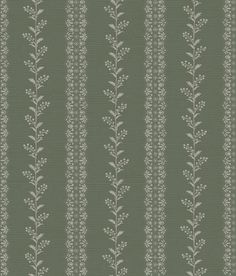 a green and white striped wallpaper with small leaves on the side, in an ornate pattern