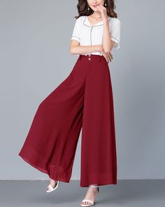 * Wide-leg skirt-shaped pants spun with high-quality chiffon fabric. * Wide waistband and A-line shape, make you look more taller and thinner. *Material: 100% chiffon *Let us know your regular size and overall height in your country. *The waist size and length can be customized. *Size: True to US size, can provide US 0 to US 20 , you can tell us your usual size and height when ordering. * Shipping: Free shipping Processing time: 5-7 working days Delivery time: 7-20 working days Formal Red Wide Leg Bottoms, Elegant Burgundy Wide Leg Pants, Red Wide-leg Bottoms For Formal Occasions, Chic Burgundy High-waisted Wide Leg Pants, Chic Burgundy Wide Leg Pants, Chic Burgundy Wide Leg Trousers, Burgundy Wide Leg Pants For Party, Elegant Full-length Burgundy Bottoms, Elegant Full Length Burgundy Bottoms