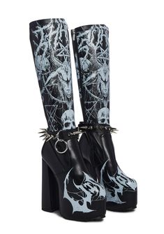 cuz you will feel my wrath. These boots have a vegan leather construction, Baphomet, skull, and spider graphics on the front and heels, O-ring hardware, spiked buckle detailing, platform soles, block heels, and side zipper closures. Goth Platform Heels, Emo Heels, Dollskill Platforms, Widow Clothing, Baphomet Skull, Gothic Heels, Emo Shoes, Goth Platform Boots, Weird Shoes