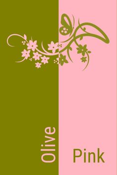 a pink and green banner with flowers on the bottom, and an olive green background