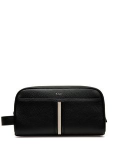 black calf leather grained texture silver-tone hardware stripe detailing logo stamp to the front debossed logo to the side top zip fastening single flat side handle main compartment internal slip pocket Black Business Bags With Grained Texture, Black Grained Texture Bag For Business, Luxury Black Bags With Grained Texture, Black Formal Bag With Grained Texture, Black Grained Texture Business Bags, Luxury Leather Wallets With Silver-tone Hardware, Luxury Leather Wallet With Silver-tone Hardware, Modern Black Textured Leather Wallet, Black Rectangular Bag With Grained Texture