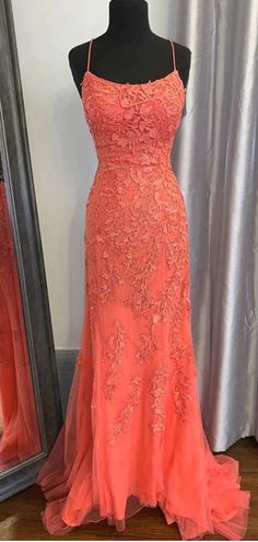 Coral Mermaid Spaghetti Straps Backless Cheap Long Prom Dresses,12902 – SposaDresses Orange Mermaid Prom Dress, Orange Mermaid, Prom Dress Mermaid, Lace Long Prom Dress, Prom 2022, Popular Prom Dresses, Cheap Prom Dresses Long, Prom Dresses Long Mermaid