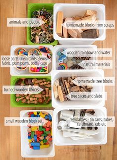 four plastic containers filled with different types of wooden blocks and other toys on a wood floor