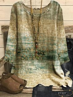 Women'S Casual Loose Bronzing Line Printing Long-Sleeved Blouse Non-stretch Long Sleeve Bohemian Top, Non-stretch Bohemian Long Sleeve Top, Bohemian Non-stretch Long Sleeve Tops, Non-stretch Printed Long Sleeve Tops, Green 3/4 Sleeve Blouse For Fall, Printed Tunic Blouse For Fall, Green Tunic Blouse For Fall, Green Tunic Top For Fall, Linen Tops