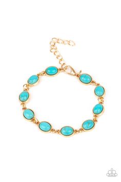 Encased in studded gold frames, oval turquoise stones delicately connect around the wrist for a seasonal flair. Features an adjustable clasp closure. Blue Stone Bracelet, Gold Frames, Paparazzi Accessories, Turquoise Stones, Paparazzi Jewelry, Bracelet Clasps, Blue Bracelet, Jewelry Party, Blue Stone