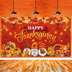 a happy thanksgiving banner with turkeys and pumpkins on an orange brick wall background