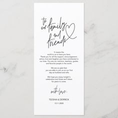 a white card with the words to our family and friends written on it