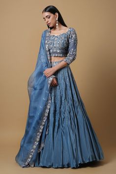 Yale blue embroidered lehenga in sequin work. Paired with floral embroidered choli and dupatta. Component: 3 Pattern: Embroidered Type Of Work: Sequins Neckline: Square Sleeve Type: Three quarter Fabric: Organza, Crepe Color: Blue Other Details:  Scallop dupatta Floral embroidered lehenga yoke Occasion: Wedding, Reception - Aza Fashions Scallop Dupatta, Yale Blue, Trendy Outfits Indian, Hand Embroidery Dress, Embroidered Lehenga, Bridal Lehengas, Bridal Lehenga Choli