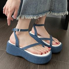 Blue Denim Platform Sandals Women Summer Clip Toe Wedge Heeled Sandals Woman Ankle Straps Thick Bottom Wedges Shoes Female [20240506] Trendy Blue Wedge Sandals For Spring, Trendy Denim Blue Sandals With Round Toe, Casual Blue Wedge Sandals For Summer, Casual Blue Wedge Sandals For Spring, Trendy Denim Blue Round Toe Sandals, Casual Blue Spring Wedge Sandals, Closed Toe Denim Sandals, Casual Platform Toe Post Wedge Sandals, Casual Toe Post Wedge Sandals With Platform