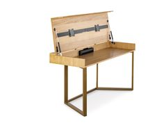 an open wooden desk with metal legs