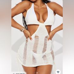 Available In White Cover Up Mini Dress Deep V Neck Adjustable Halter And Back Tie Side Cut Outs Ruched Sides Imported 100% Acrylic Dress Deep V Neck, White Cover Up, White Cover, Hottie Women, Side Cuts, Swim Fashion, Dress Cover, Cover Up Dress, White Fashion