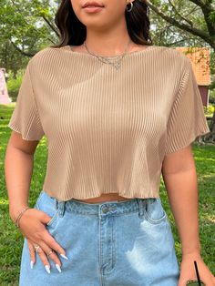 Plus Size Women's Summer Solid Color Round Neck Short Sleeve Pleated Crop Top Apricot Casual  Short Sleeve Knitted Fabric Plain  Medium Stretch  Women Plus Clothing, size features are:Bust: ,Length: ,Sleeve Length: Casual Solid Color Crop Top, Pleated Crop Top, Áo Crop Top, Cropped Tops, Solid Tops, Plus Size T Shirts, Plus Size Tops, Plus Clothing, Summer Women