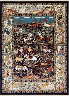 an intricately decorated rug with horses and other animals on the ground, surrounded by trees