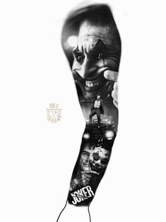 a black and white photo of a man's arm with the joker movie poster on it