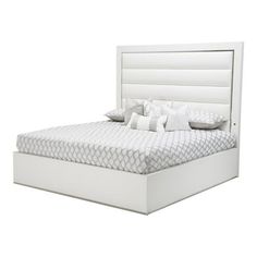 Versatility is King with the State St. Upholstered Panel Bed. Showing off subtle stainless steel accents and clean lines, this bed is easily customized with your favorite bedding, accents and colors. Whether you're minimal or glam, your options are endless with State St. Horizontal panels and headboard trim are upholstered in high-quality white vinyl, and a USB charger is included on both sides of the bed. The platform is fully upholstered in matching vinyl and has a stainless steel base. This b Horizontal Headboard, Bedding Accents, Michael Amini, Queen Upholstered Bed, King Platform Bed, Queen Panel Beds, White Upholstery, Upholstered Panel Bed, Queen Platform Bed