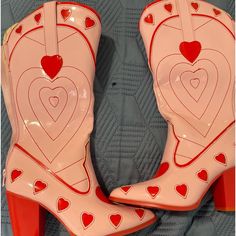 Walk All Over Their Hearts In The Space Cowgirl Heart Boots From Yru. These Super-Sweet Festival Boots Feature An All Pink Vegan Patent Leather Upper With Red Heart Details, Contrast Stitching, And Zipper Closure Up The Back. Would Prefer To Sell On Depop Because Lower Seller Fee Posted This Hear To Reach An High Audience Sell On Depop, Heart Boots, Yru Shoes, Festival Boots, Pink Cowboy, Space Cowgirl, Space Cowboy, Space Cowboys, All Pink