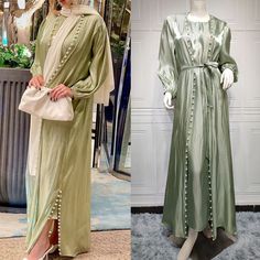 Chic Shiny Satin Women Muslim Open Cardigan Maxi Dress Dubai Abaya Kaftan Jilbab Robe for the Mode Green Maxi Length Abaya For Eid, Green Maxi-length Abaya For Eid, Eid Green Maxi-length Abaya, Elegant Long Sleeve Green Thobe, Green Tunic Abaya For Eid, Modest Long Dresses For Eid, Elegant Green Maxi Length Abaya, Elegant Green Floor-length Thobe, Green Elegant Floor-length Thobe