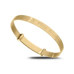 Celebrate your favorite little girl with this beautiful Personalized bangle bracelet. Crafted in warm 10K gold, this darling look features the name of your choice - up to ten characters in length - inscribed in a print font. Gleaming collars flank the center design, one topped with a sparkling diamond accent centered in a sculpted heart shape. The final sweet touch: the inscription "Baby’s First Diamond" glistens on the opposite side. Polished to a bright shine, this bracelet adjusts between 4.75 and 5.50 inches in circumference and slips on and off for easy wear. Custom Name 14k Yellow Gold Bracelet, Personalized Gold Bangle Bracelet, Customizable Gold Bangle For Anniversary, Custom Name Gold Bangle, Elegant Gold Bangle With Custom Name, Classic Adjustable Charm Bangle Bracelet, Classic Adjustable Bangle Charm Bracelet, Classic Engraved Gold Bracelet For Personalized Gift, Classic Customizable Yellow Gold Bracelet