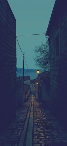 an alley way with cobblestones and street lights at night, looking towards the ocean