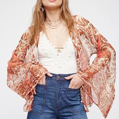 - Lightweight, Sheer Scarf Print Chiffon Kimono From Free People - Shimmery, Metallic Threading Throughout - Size M (Tts) - Like New, Worn Once Tag: Free People, Urban Outfitters, Anthropologie, Revolve Orange Spring Outerwear For Layering, Spring Orange Outerwear For Layering, Orange Bohemian Long Sleeve Cardigan, Orange V-neck Cardigan For Spring, Bohemian Long Sleeve Orange Cardigan, Orange Long Sleeve Bohemian Cardigan, Long Sleeve Orange Bohemian Cardigan, Orange Long Sleeve Summer Cardigan, Orange Open Front Cardigan For Spring