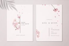 two wedding cards with pink flowers on them